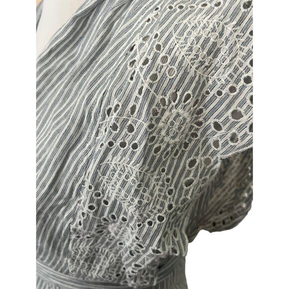 NWOT Neuflora Wrap Ruffle Maxi Dress •M• Striped Eyelet Flutter Sleeve - Picture 2 of 12
